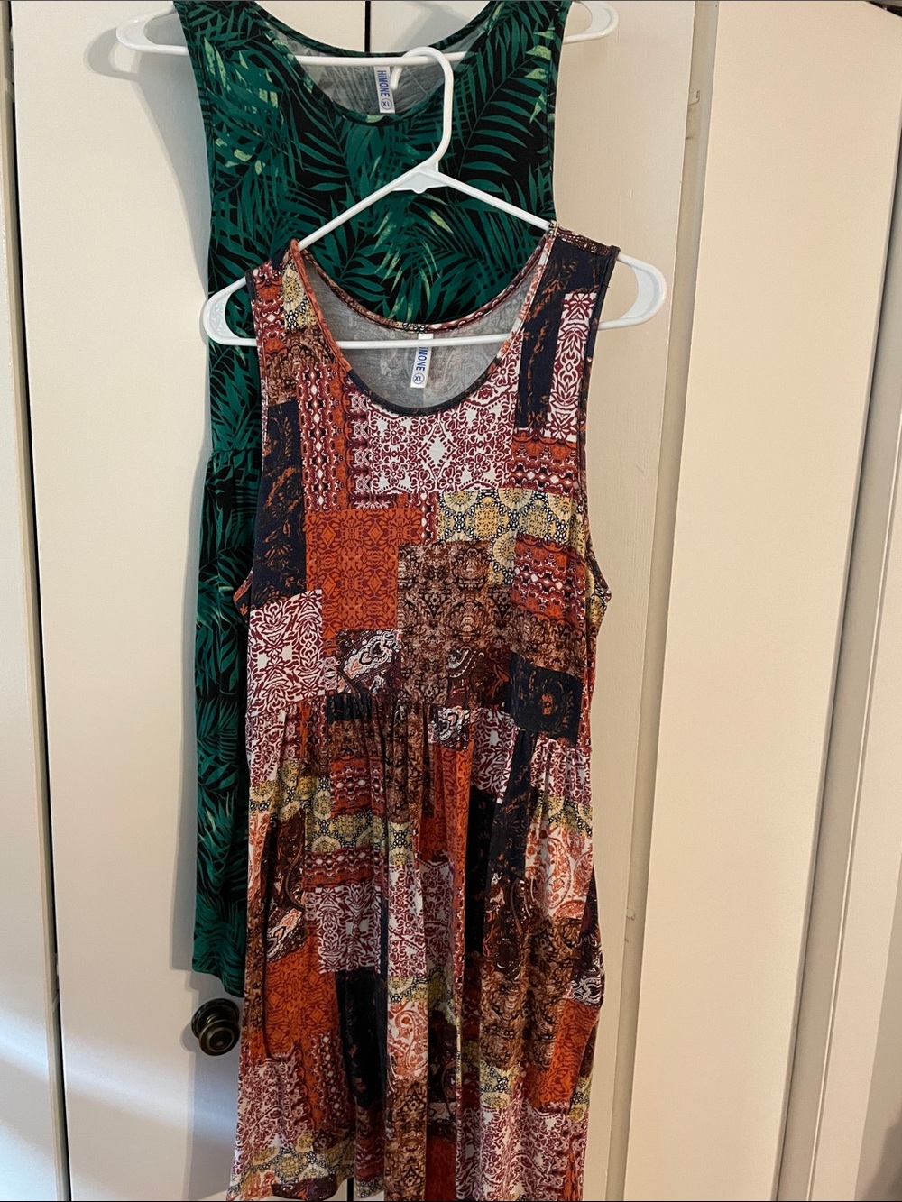 Women’s Sleeveless Patchwork Print/Green Leaf Dresses-XL
